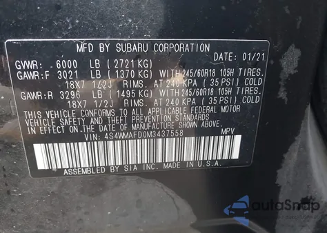 2021 Subaru Ascent Premium из США, поврежденный, VIN 4S4WMAFD0M3437558